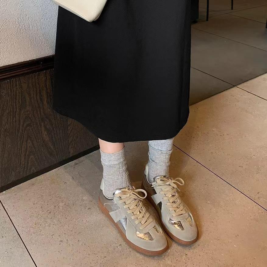 Silver Dexun shoes women's new color matching leather casual shoes inner heightening lace-up flat baseplate shoes Forrest Gump shoes