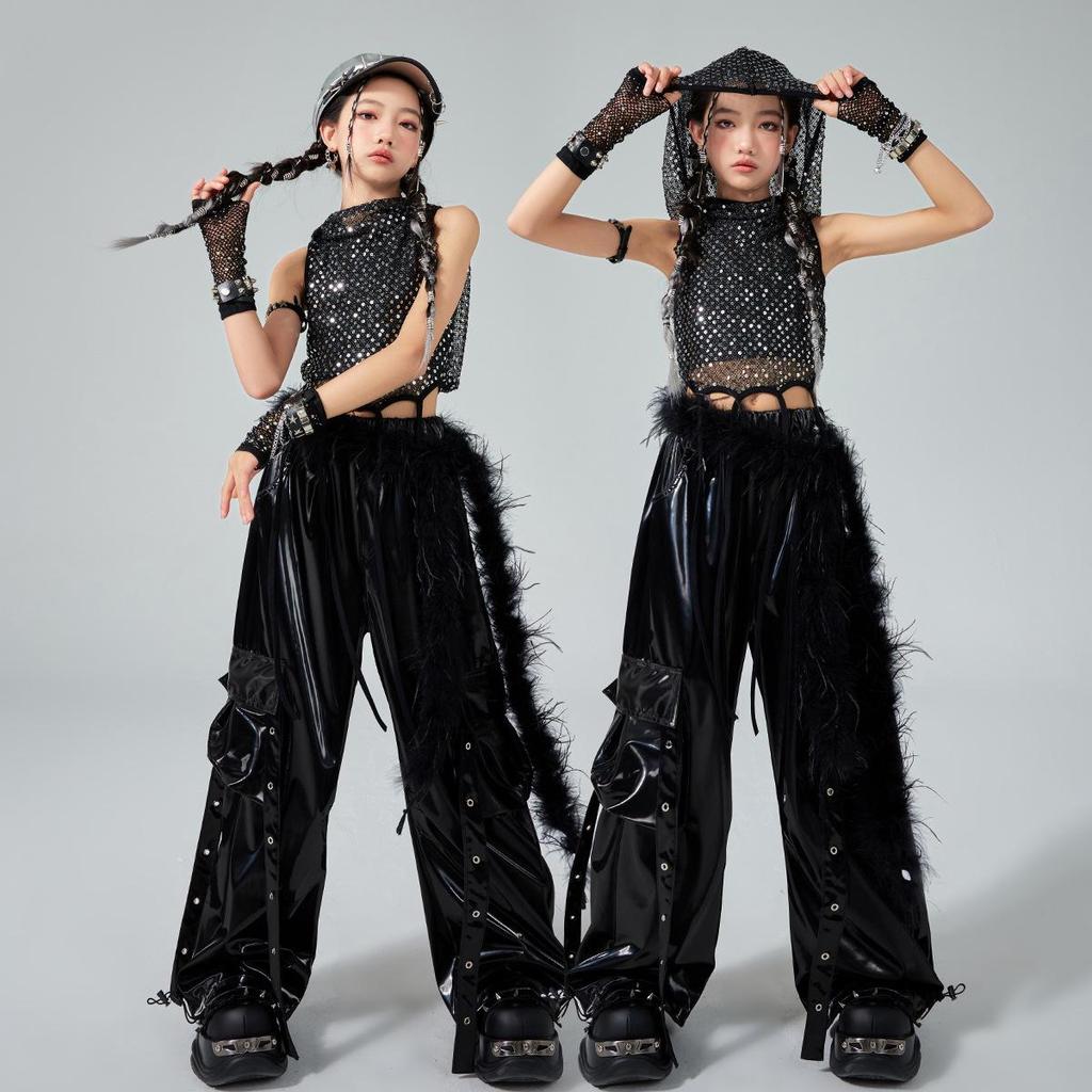 Girls' Silver Leather Jazz Dance Costume: Children's Practice & Street Dance Outfit for Trendy Fashion Shows