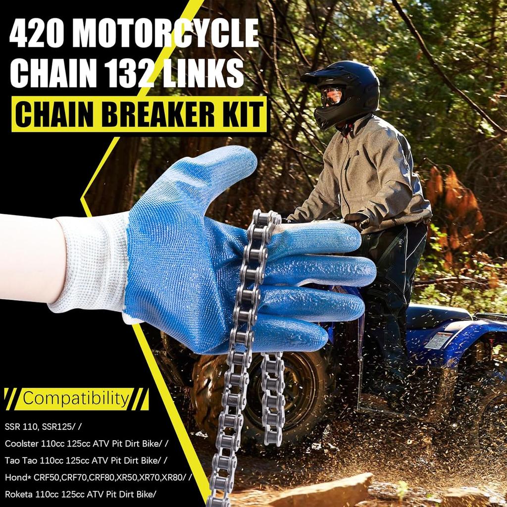 420 Motorcycle Chain 132 Links fit for 50 70 90 110 125cc SSR TaoTao Coolster Apollo Baja 212cc Go Kart Mini Bike Powersports Parts Chinese ATV 4