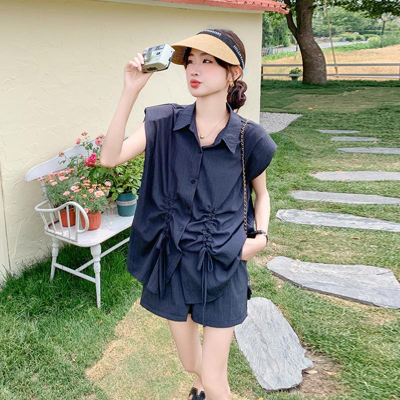 

Модный комплект 2024 года: рубашка с завязками на рукавах и шорты: Стильный, молодежный, повседневный комплект из двух частей L серый