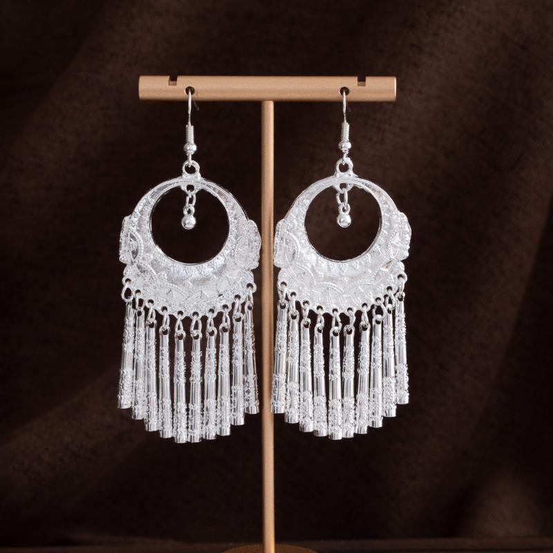 New Miao Long Tassel Minority Earrings, Light Luxury Miao Silver Exaggerated Fashion Temperament Earrings