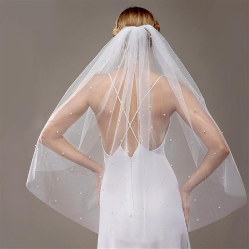 Beadwork Pearls Bridal Veil Soft Tulle Seethrough Head Veil with Easy Wear Hair Comb for Romance Wedding Photography