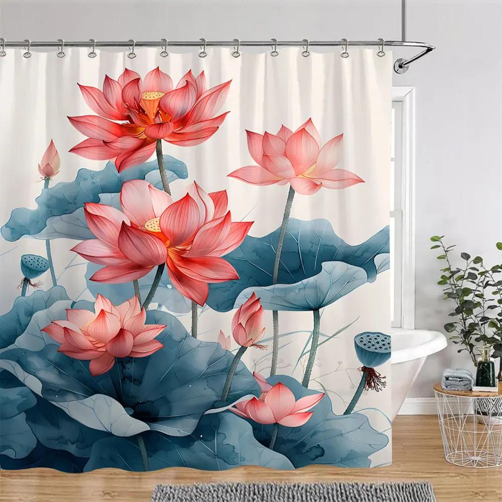 Lotus Flowers Shower Curtain Green Leaves Plant White Floral Chinese Style Home Wall Hanging Bathroom Curtains Decor with Hooks