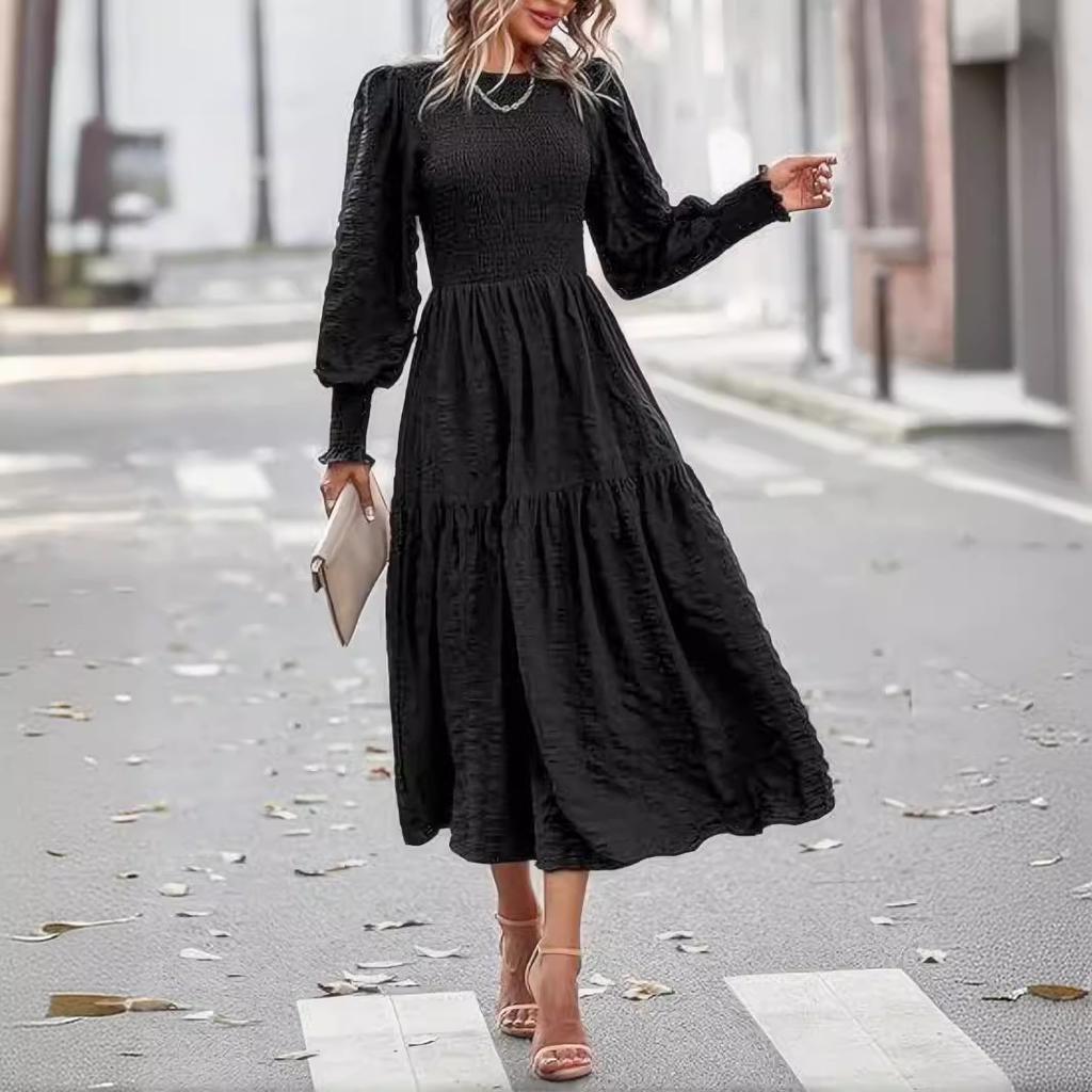 Boho Lantern Sleeve Dress Women - Round Neck Long Sleeve Maxi Casual Loose Fit Fall Vacation Dress