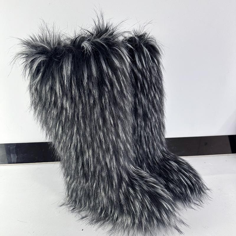 Huňaté kozačky Dlouhé vysoké zimní imitace liščí kožešiny huňaté sněhule Pánské a dámské zimní velké velikosti kožešinové nadkolenky