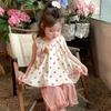 Summer Girls Cotton Polka Dot Bow Vest And Wide Leg Pants Two Piece Set