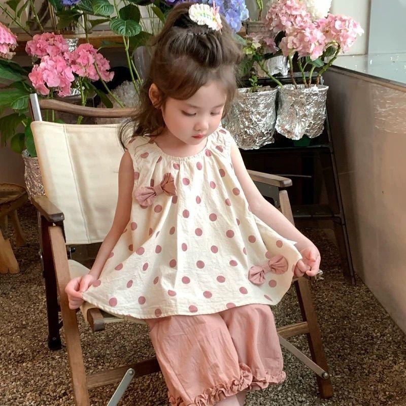 Summer Girls Cotton Polka Dot Bow Vest And Wide Leg Pants Two Piece Set