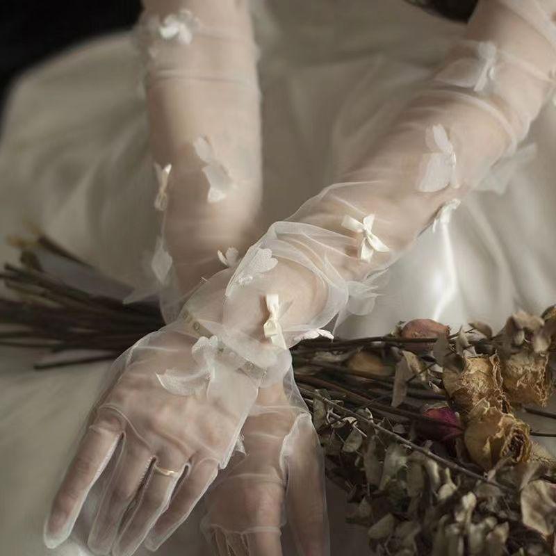 Luxury Pearl Flower Mesh Gloves for Brides - Elegant Wedding and Evening Dress Accessories