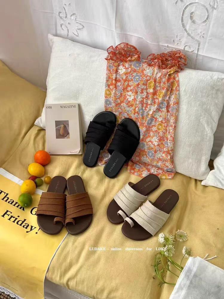 

Summer new linen latex insoles one-word slippers women wear flat casual cool slippers seaside beach shoes 35