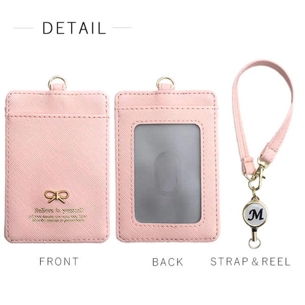 Extendable Reel Pass Case, Card Holder, Initials, Personalized ID Card Case, with Strap, Smiley Face, Ribbon Design (Black [Fabric Design (Same