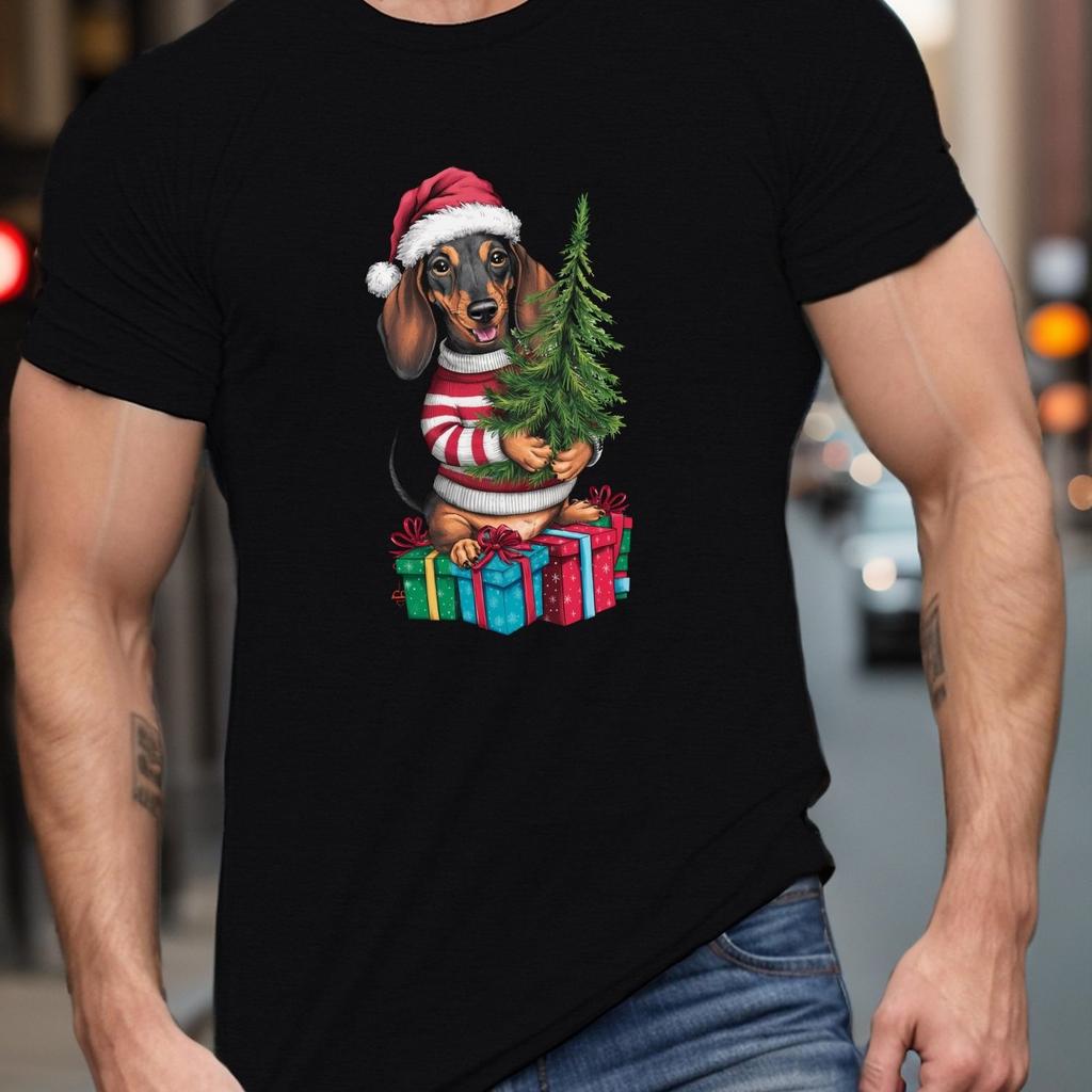 Christmas Dachshund Dog Graphic Tee Men Casual Cotton Round Neck Short Sleeve TShirt Gift