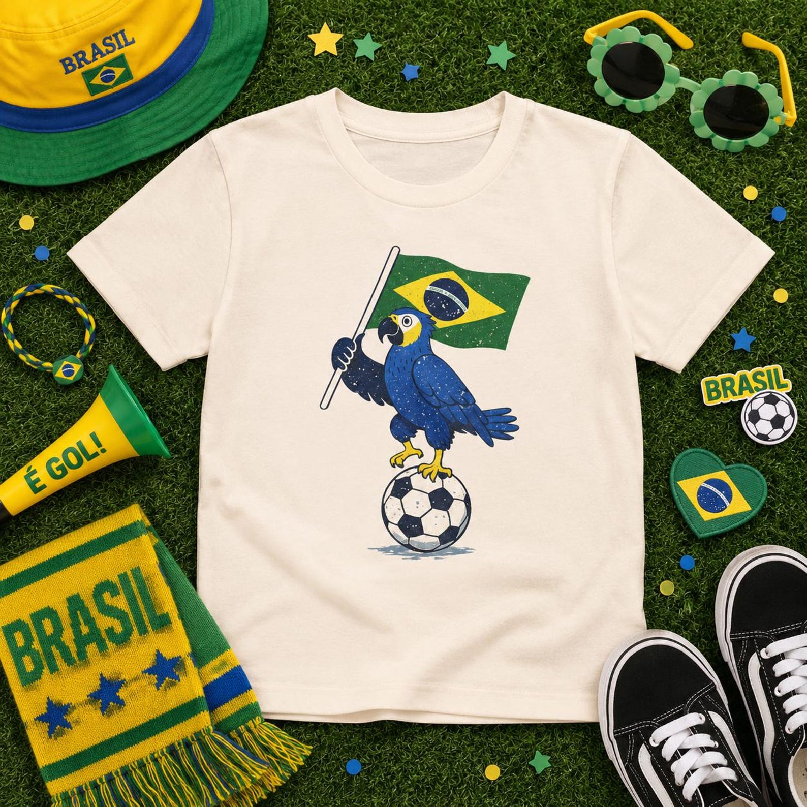 Brazil Soccer Youth Tee | Blue Macaw Parrot Fan Shirt for Kids | Brazil Football Shirt | Youth World Cup Style Graphic Tee L