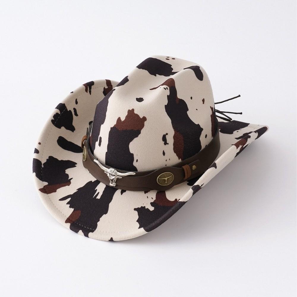 Wide Brim Cow Print Western Caps UV Protection Retro Style Western Cowboy Hat Cow Print Pattern National Style Hat