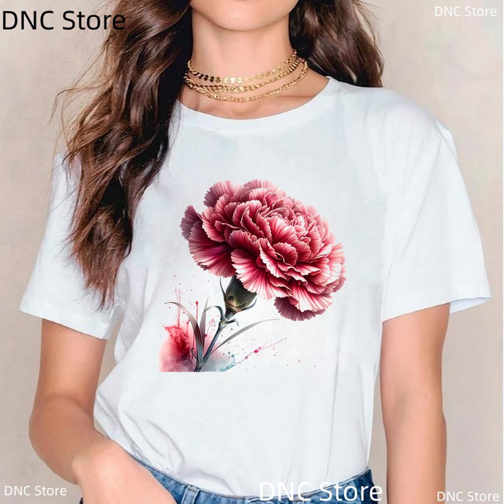 Watercolor Tulip, Lotus Lily Graphic Print T Shirt Women Casual Style Female T-Shirt Summer Fashion 00s Girls Tshirt White Tops
