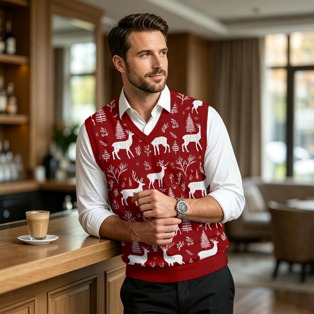 Men's Casual V-Neck Wool Knit Sweater Vest with Christmas Print