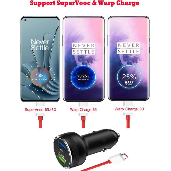Warp Charge 30W 65W Car Charger Supervooc for Oneplus 12 12R 11 10 9 Pro Open 9R 8T 10T 8 7T Nord N20 N300 N10 N100 N200 N30 SE 5G Dash Charge Car