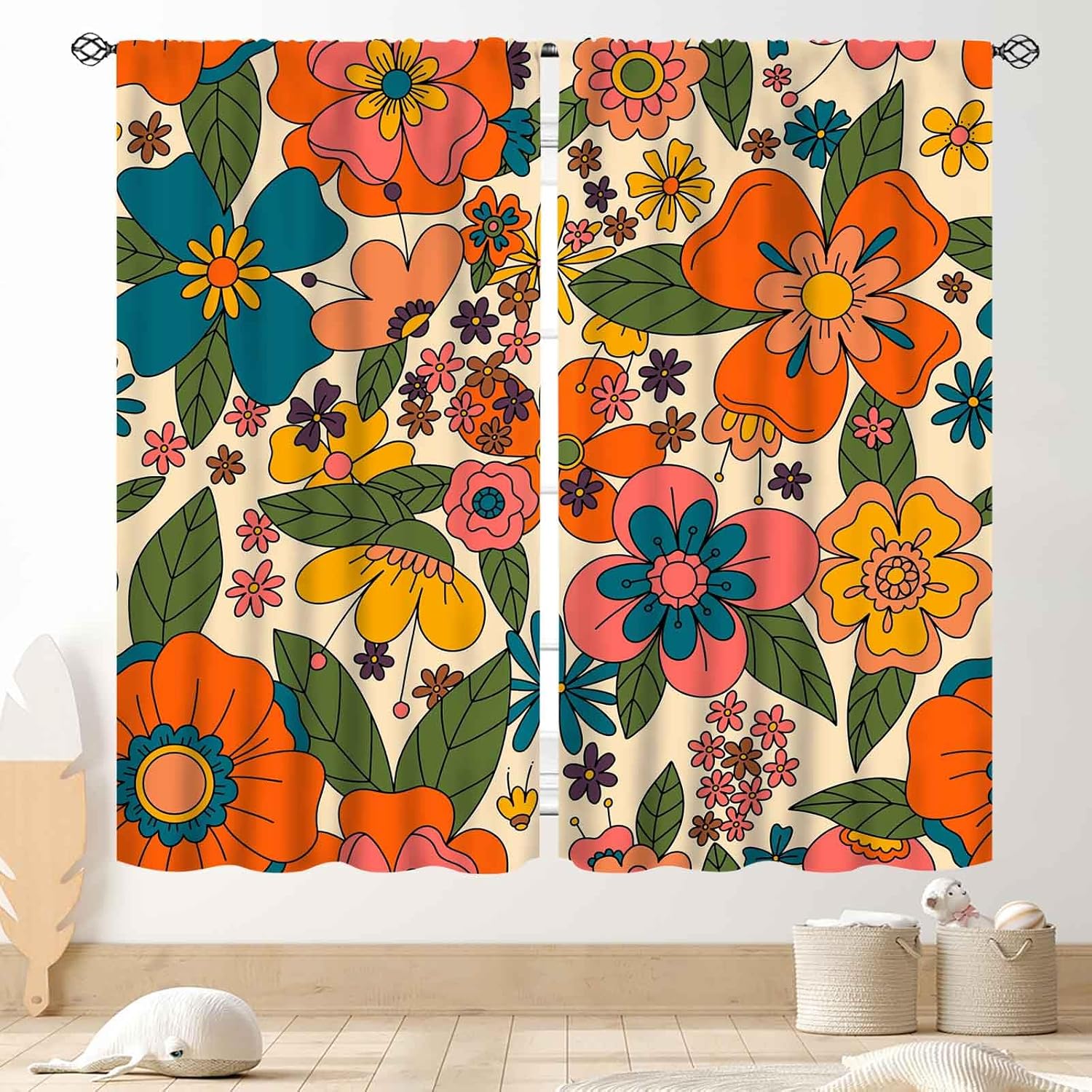 Funky Floral Curta, Retro Vintage Hippie Groovy Boho Floral Flower Trippy Modern Aesthetric Window Curta Drapery 53x116cm 2pc21x46in