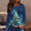 Women's Fashion Casual Slit Hem Round Neck Long Sleeve Loose Christmas Printed T-Shirt Ladies Top