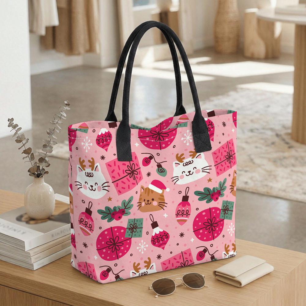 Tote Bag Pink Christmas Cats Printed Canvas Shopping Bag Holiday Gift for Women