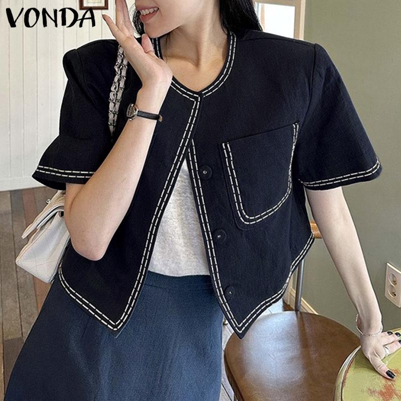 

VODNA женский летний элегантный костюм с открытой планкой и короткими рукавами, карманами и пуговицами, контрастные цвета