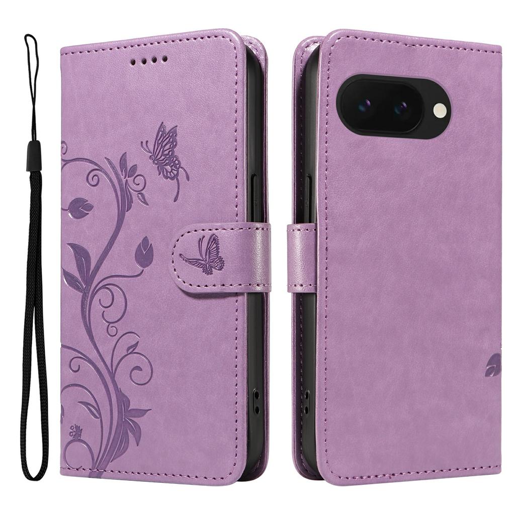 For Google Pixel 9a PU Leather Cases Flower Pattern Wallet Stand Phone Cover with Strap