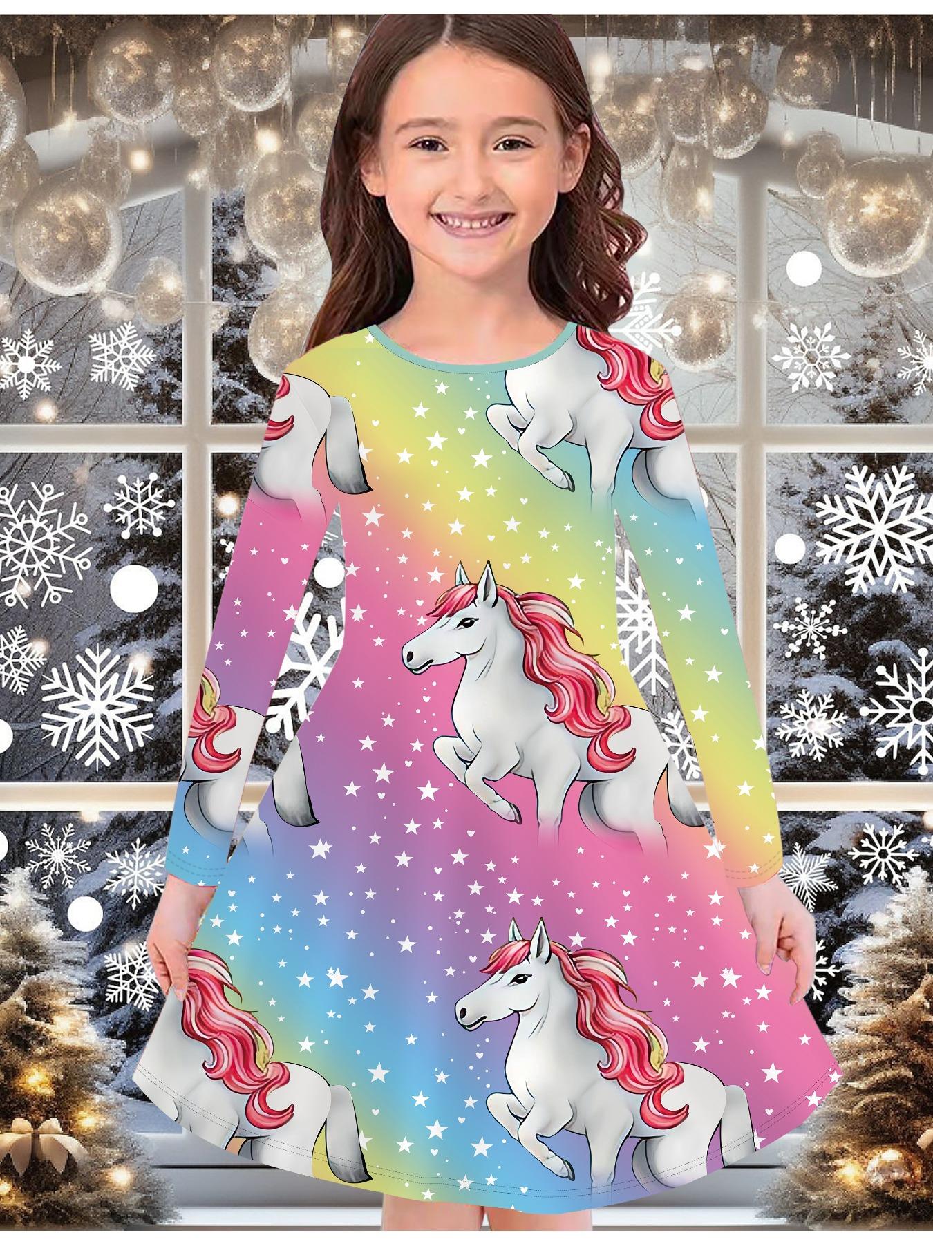 

Модное осенне-зимнее платье для девочек, с 3D принтом единорога, с круглым вырезом, длинное, детское платье-футболка, повседневное, универсальное, рождественская одежда 170 жёлтый