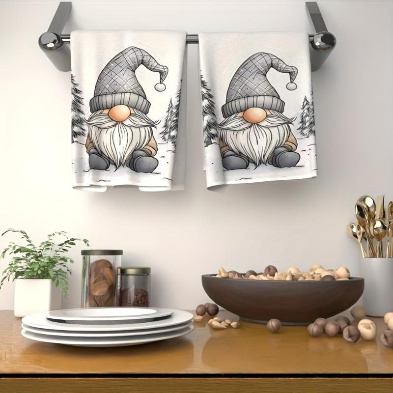 2pcs Christmas Gnome Kitchen Towels - Extra Soft Microfiber, Cute Cartoon Gnome Art with Winter Hat & Snowy Trees Design