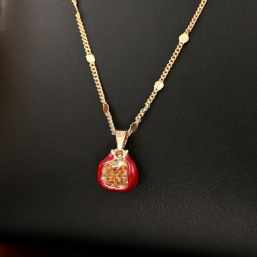 Festive Red Pomegranate Zircon Pendant Necklace & Enamel Bracelet with High-End Earrings Set