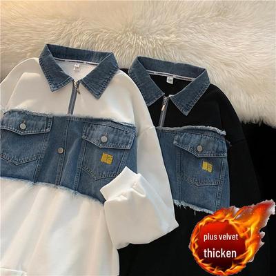 Sudadera Coreana de Corte Holgado con Cuello Polo y Puntadas Denim para Mujer - Estilo High Street de Primavera/Otoño.