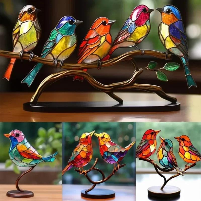 Uccelli in Vetro Colorato su Ramo Ornamenti da Scrivania Uccelli Multicolore Double Sided Decorazioni Serie Uccelli