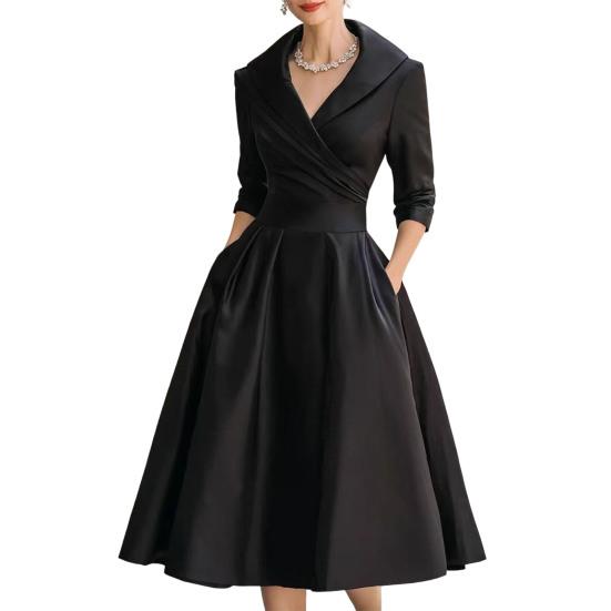 Women's Lapel V Neck Work Dress Long Sleeve A Line Swing Dress Formal Business Office Midi Blazer Dress