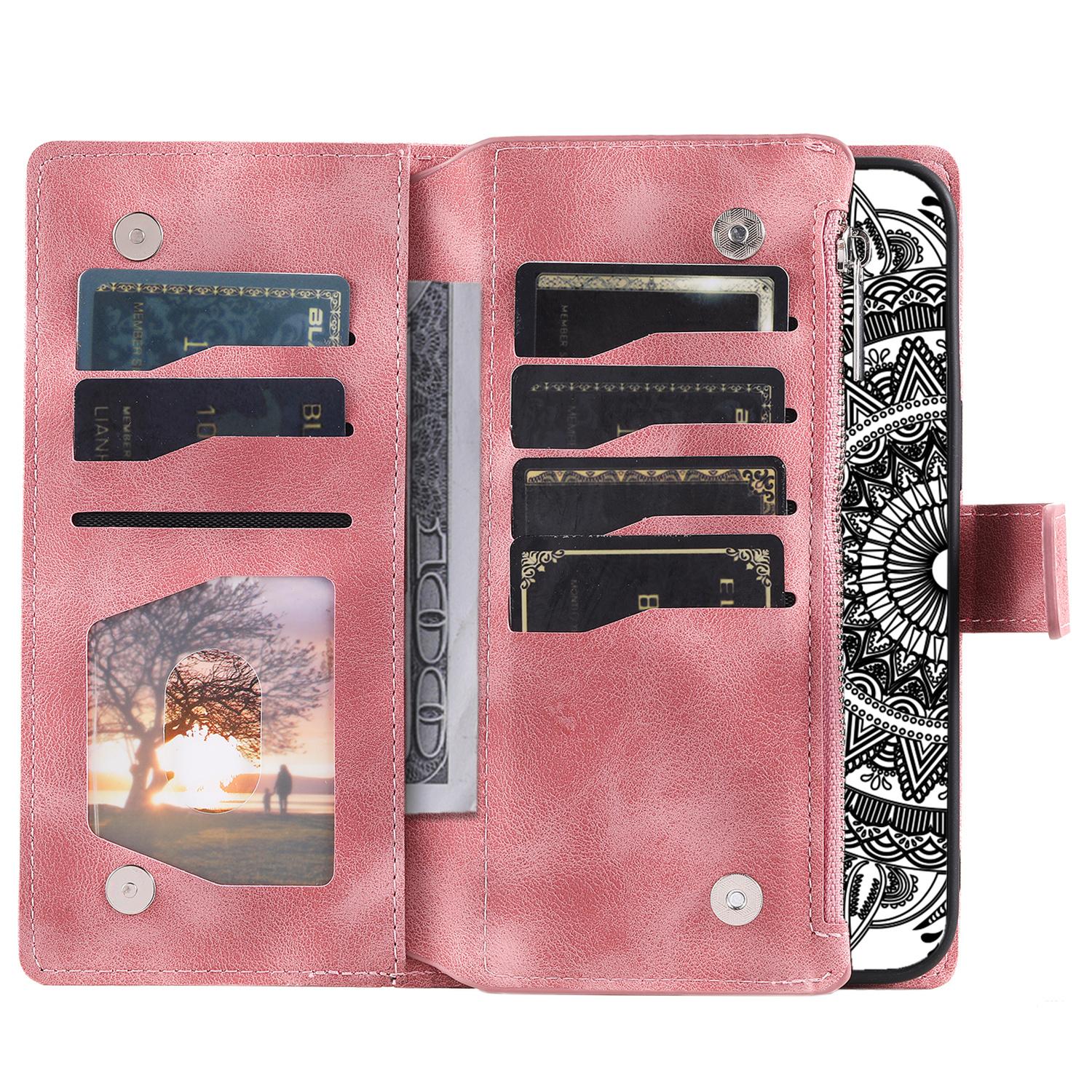 

Phone Case for Samsung Galaxy S23 FE,Wallet PU Leather Stand Shell Multiple Card Slots Imprinted Cover with Strap Rose Gold