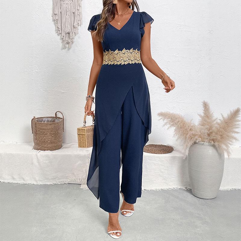 YYFS Women's Fashion Casual Summer Spring Solid Color Print Short Sleeve V-Neck High Waist Trousers Jumpsuits & Rompers