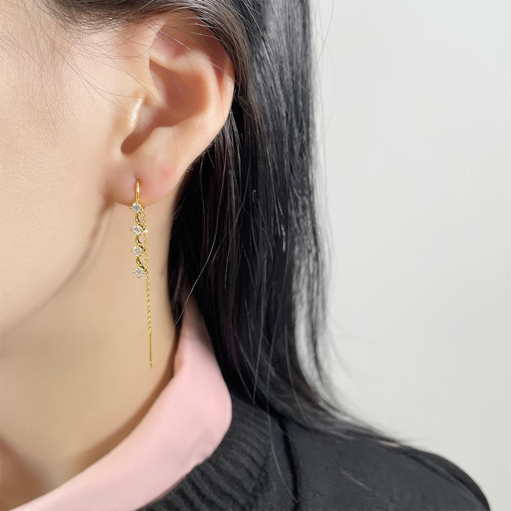 Personalized Diamond-Set Fringed Ear Line Female Simple Sweet And Cool Ins Wind Long Row Diamond Moon Earrings Flow