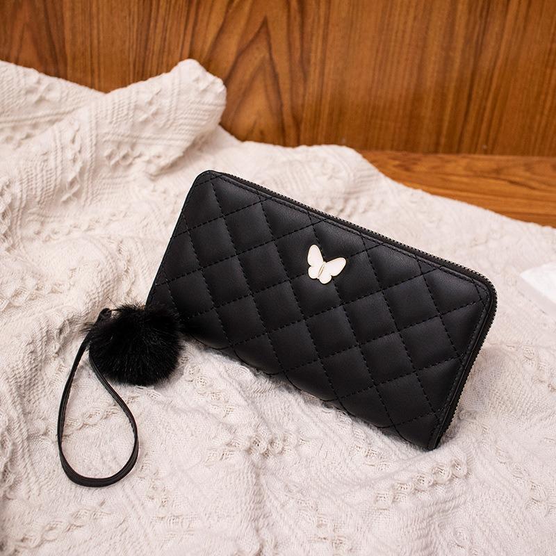 New Diamond Butterfly Label Wallet Women's Long Zipper Clutch Bag Hairball Simple Change Bag One Piece Hair