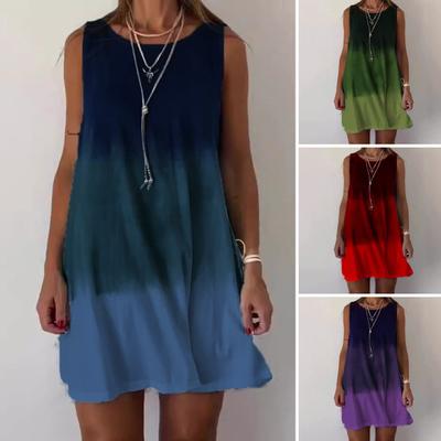 Women Summer Dress Gradient Contrast Color Sleeveless A-line Loose Round Neck Vest Type Daily Vacation Homewear