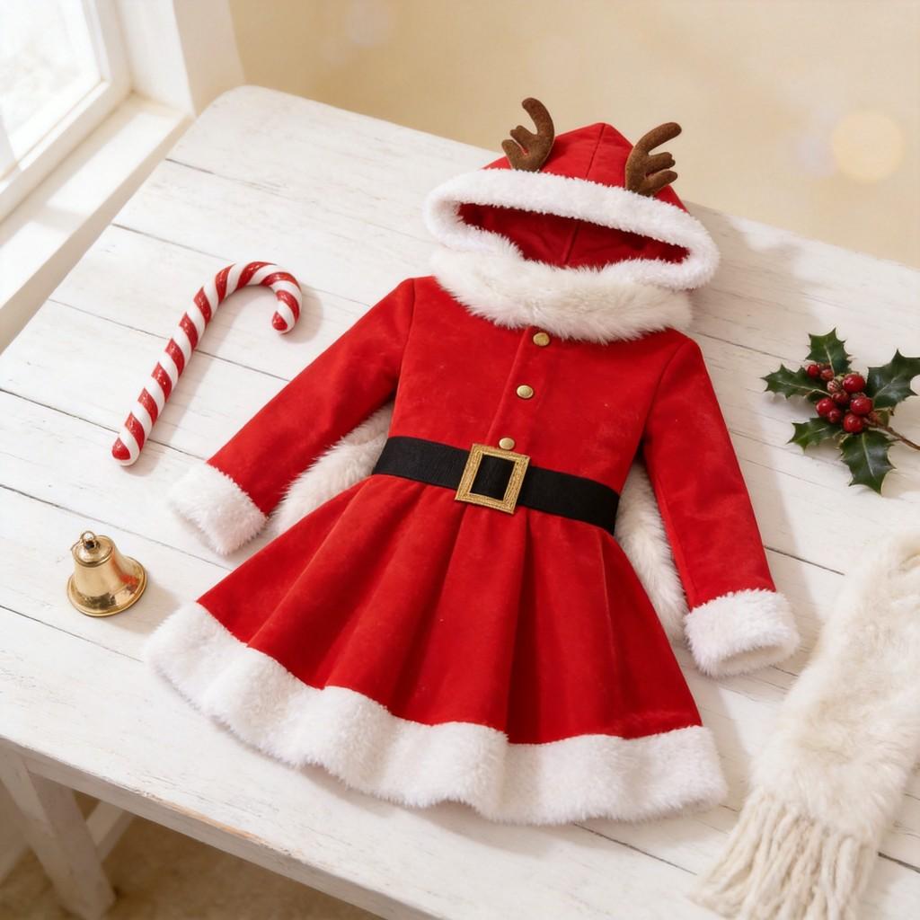 Christmas Girl Costume Dress With Padded Hoodie For Holiday Stage Performances And Dance Shows