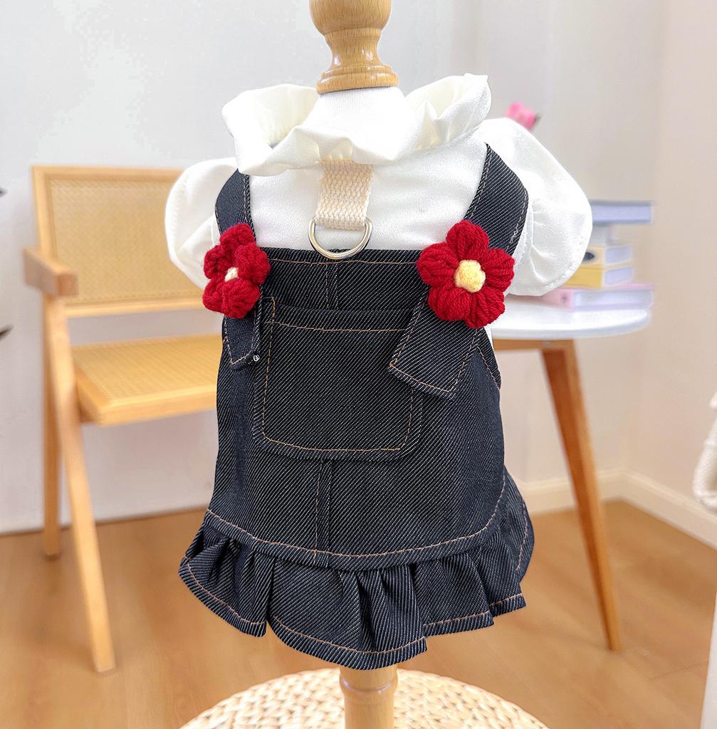 Pet circle dog cat clothes pocket skirt collection denim flower medium and small dog small red flower strap dress