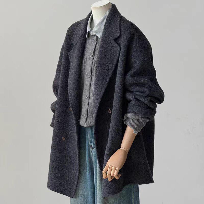 

2025 Высококачественное двустороннее шерстяное пальто-костюм - средней длины, свободного кроя, для осени/зимы M (55-66 kg)