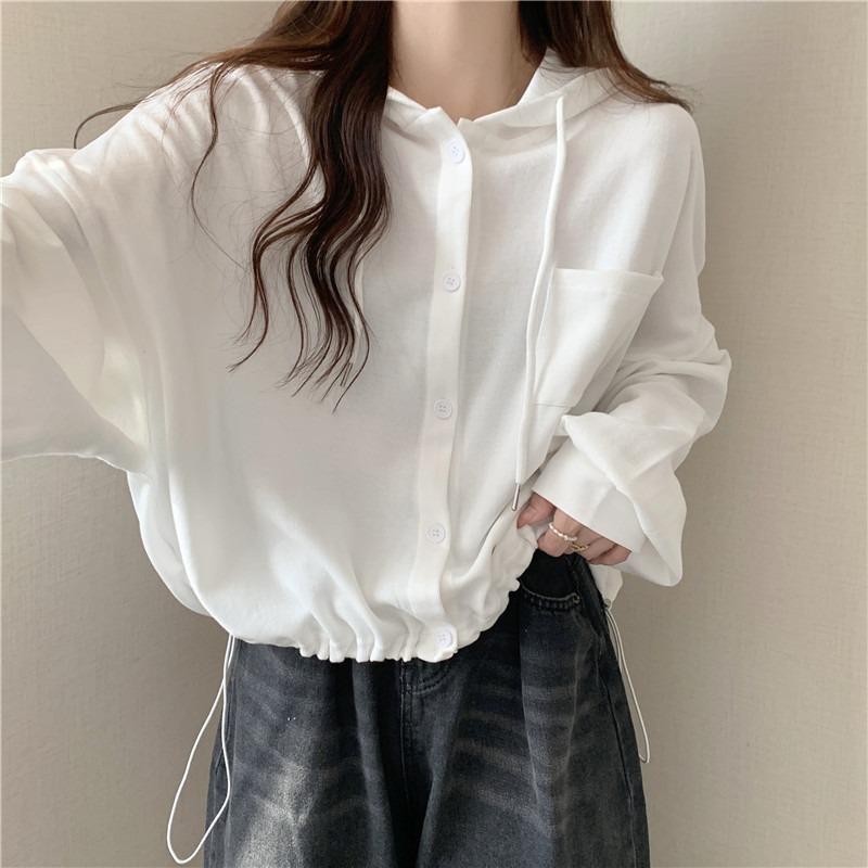 Cotton real sweater women's thin loose hooded cardigan short top jacket lazy style