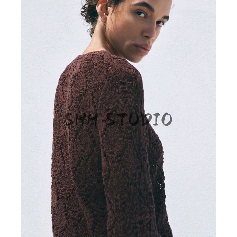 Summer New Product Women's Clothes French Single Row Multi-Buckle round Neck Long Sleeves Jacquard Mesh Knitting Outwear 9598065