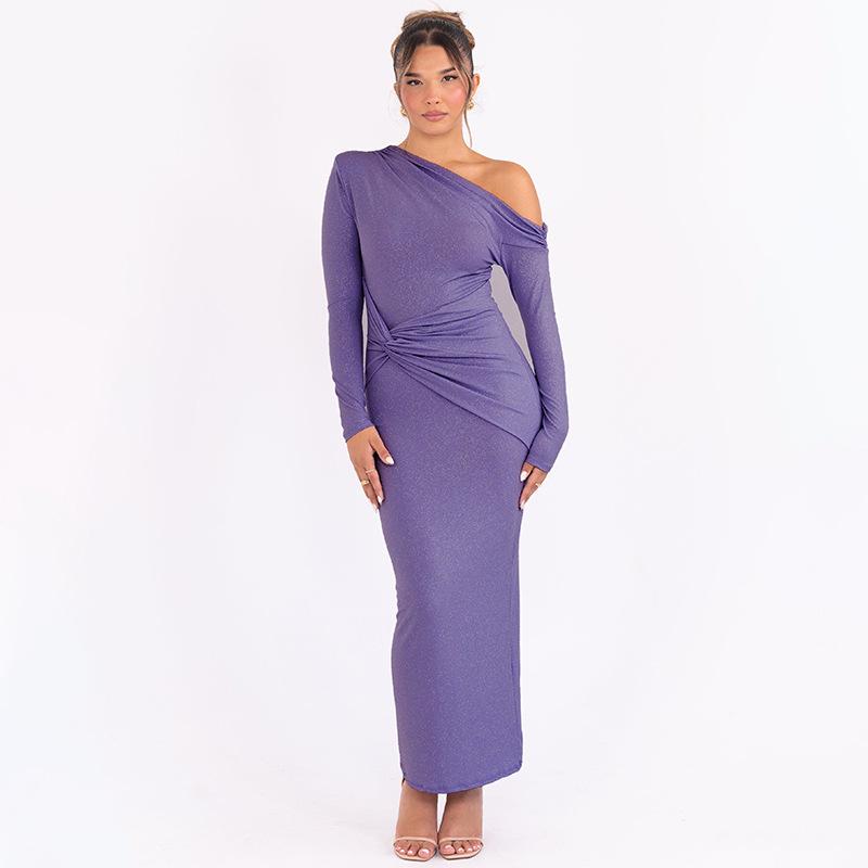 Chic European & American Off-Shoulder Pleated Long-Sleeve Maxi Dress