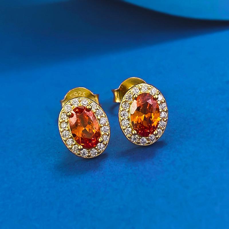Xiancan 925 Silver Gold-Plated Fanta Orange Oval Stud Earrings, European & American Style, Simple & Versatile Fashion.