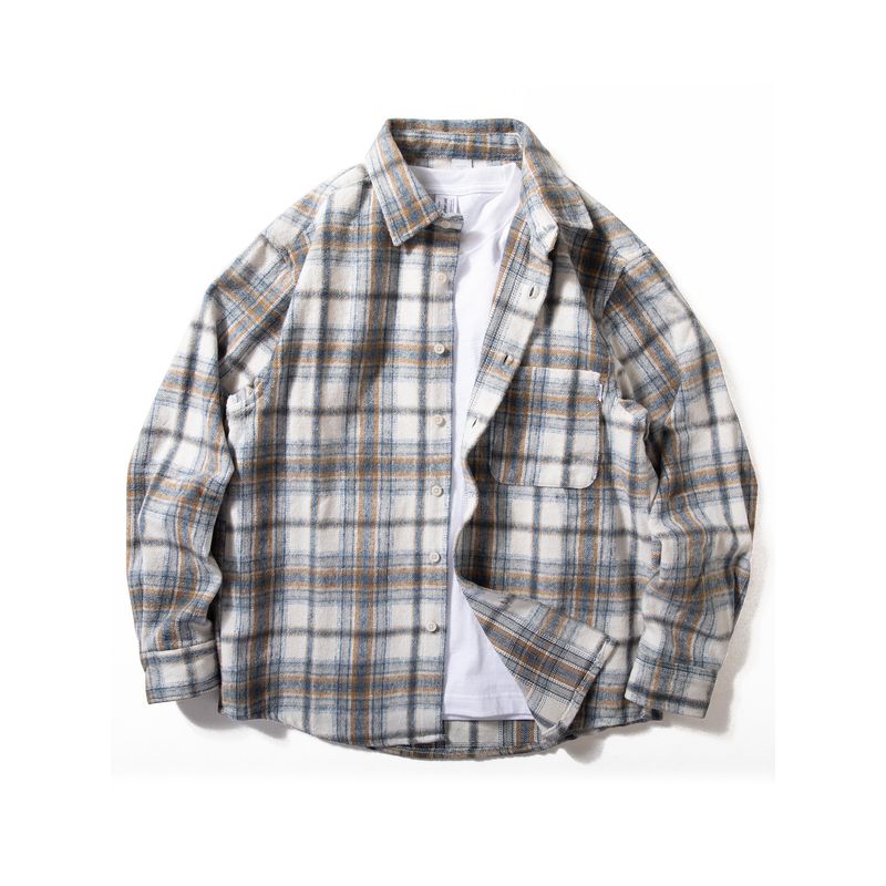 Men's Heavy-Duty Thickened Autumn Woolen Plaid Shirt, Simple Japanese Retro Loose Casual Jacket