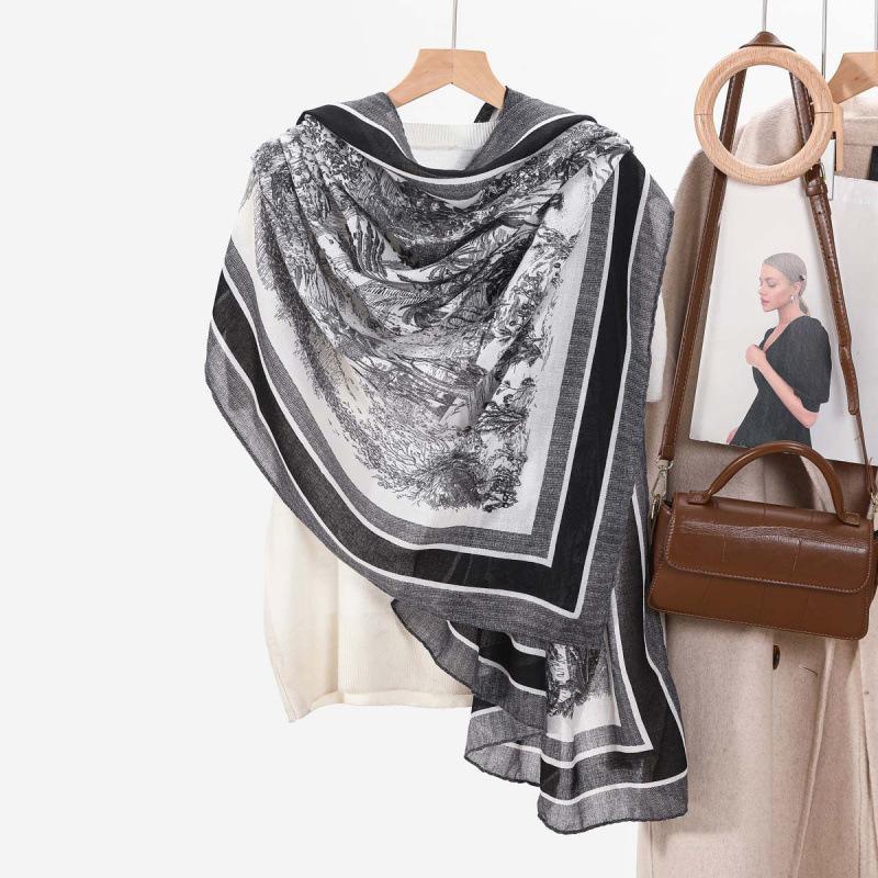 Forest-style Women's Scarf Literary and Versatile Cotton and Linen Hand-print Long Scarf Gauze Scarf Travel Photo Sunscreen Shawl