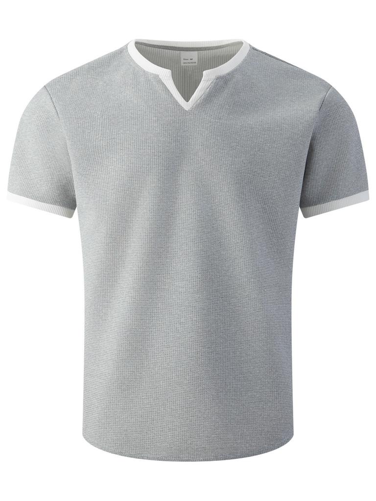 Mens Waffle Solid Color V Neck Short Sleeve Loose Casual T Shirt Mens Tops