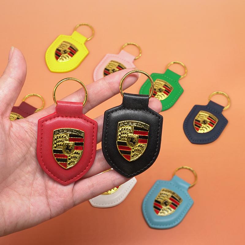 Car Leather Keychain Shield Type 3D Emblem Key Ring For Porsche Panamera Cayenne Taycan 911 718 Macan Carrera-GT 928 944 968 944