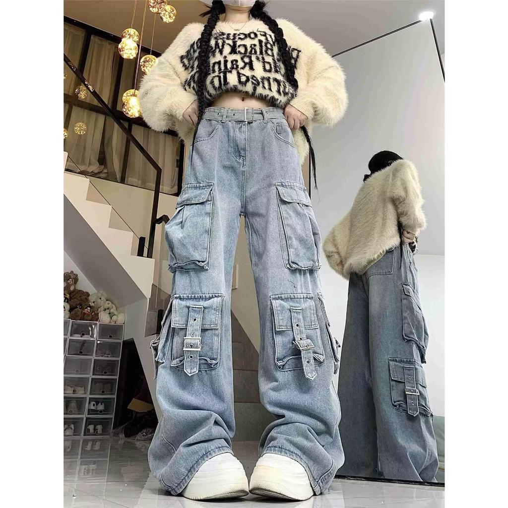 American vibe high street multi-pocket black tooling jeans women's autumn and winter high-waisted straight loose wide-leg floor pants
