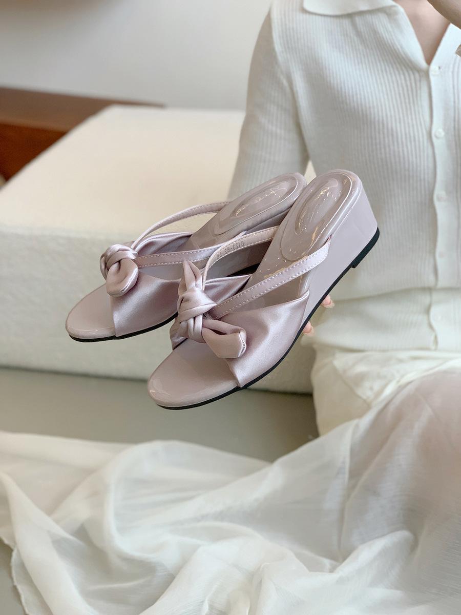 

Slope heel leopard print slippers women s summer wear new French style with skirt bow sandals holiday fairy wind beach shoes 35 фіолетовий