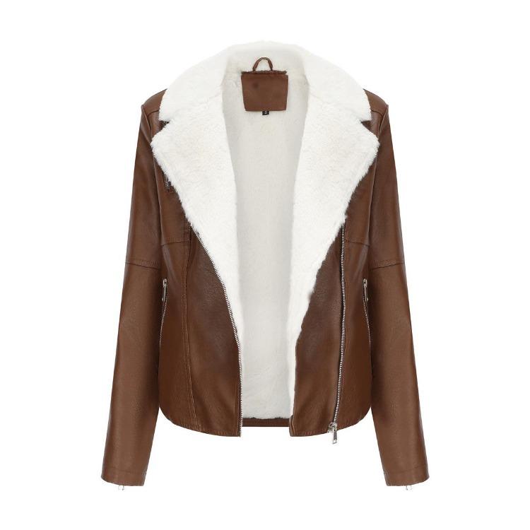 Women Fashion Slim Fit Pu Leather Jacket Long Sleeve Lapel Collar Zipper Fall Winter Coat